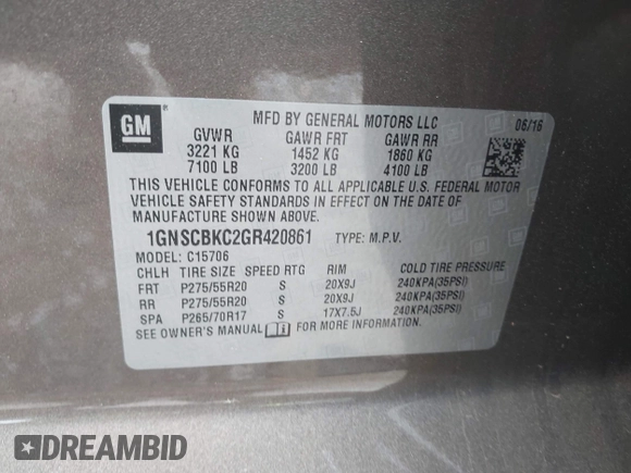 2016 Chevrolet Tahoe LT z VIN 1GNSCBKC2GR420861, wystawiony jako IAAI lot #42205983 z przebiegiem 149 680 mil mil oraz . Historia ofert i sprzedaży dostępna na DreamBid. Obrazek 9.