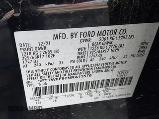 2022 Ford Maverick XL with VIN 3FTTW8F92NRA13579, listed as a IAAI auction lot 41865404 with 43,610 mi miles and . Bid and sale history available at DreamBid. Image 9.