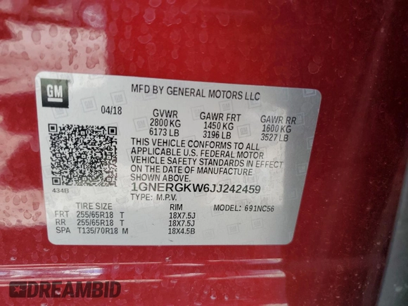 2018 Chevrolet Traverse LT Cloth with VIN 1GNERGKW6JJ242459, listed as a Copart auction lot 58420105 with 98,586 mi miles and Salvage title. Bid and sale history available at DreamBid. Image 14.