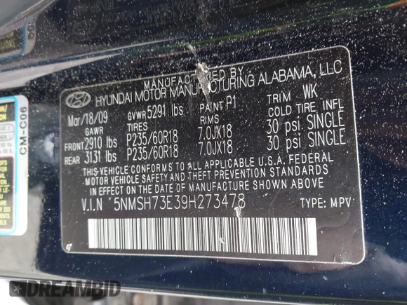 2009 Hyundai Santa Fe SE with VIN 5NMSH73E39H273478, listed as a IAAI auction lot 42216820 with 196,233 mi miles and . Bid and sale history available at DreamBid. Image 9.