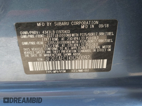 2019 Subaru Crosstrek Premium with VIN JF2GTAEC1KH250092, listed as a IAAI auction lot 42117417 with 130,128 mi miles and . Bid and sale history available at DreamBid. Image 9.