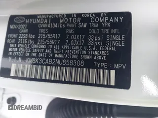 2022 Hyundai Kona SEL with VIN KM8K3CAB2NU858308, listed as a IAAI auction lot 42021360 with 17,894 mi miles and . Bid and sale history available at DreamBid. Image 9.