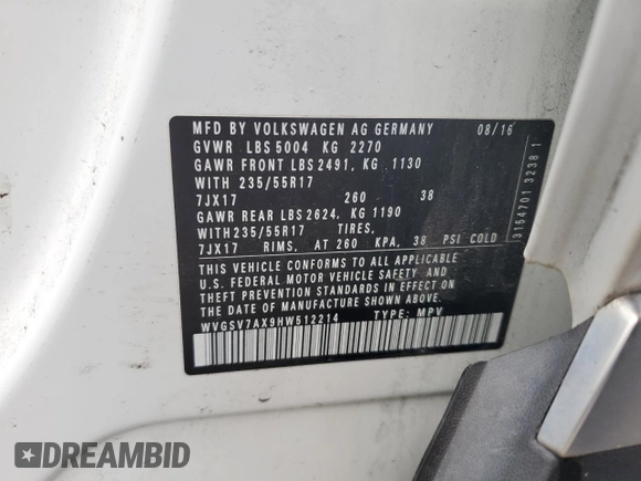 2017 Volkswagen Tiguan Wolfsburg Edition with VIN WVGSV7AX9HW512214, listed as a Copart auction lot 60062865 with 62,667 mi miles and Salvage title. Bid and sale history available at DreamBid. Image 13.
