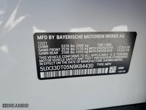 2022 BMW X4 xDrive30i with VIN 5UX33DT05N9K84430, listed as a Copart auction lot 87635585 with NaN miles and Salvage Title. Bid and sale history available at carsss.com. Image 12.