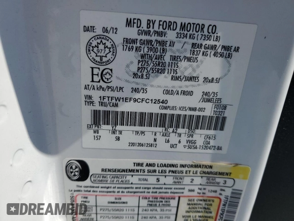 2012 Ford F-150 XL with VIN 1FTFW1EF9CFC12540, listed as a Copart auction lot 50686875 with 159,833 mi miles and Salvage Title. Bid and sale history available at carsss.com. Image 16.