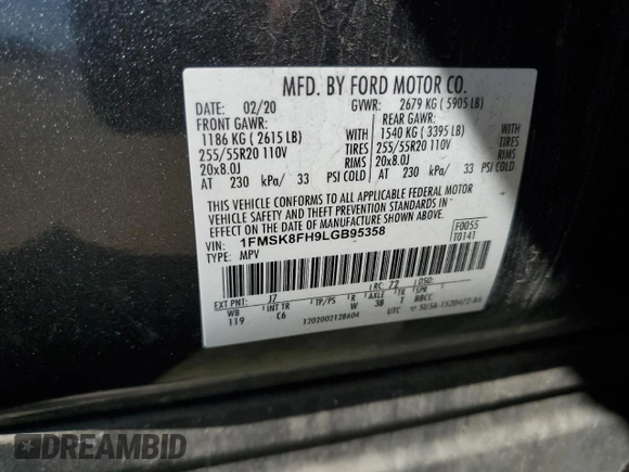 2020 Ford Explorer Limited with VIN 1FMSK8FH9LGB95358, listed as a Copart auction lot 54142345 with 114,135 mi miles and Clean Title. Bid and sale history available at carsss.com. Image 13.