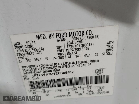 2014 Ford F-150 XL with VIN 1FTEW1CM1EFC85482, listed as a Copart auction lot 45533885 with 207,738 mi miles and Salvage Title. Bid and sale history available at carsss.com. Image 13.