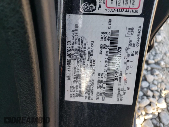 2012 Ford Fusion SPORT with VIN 3FAHP0KCXCR319020, listed as a Copart auction lot 50870635 with 159,828 mi miles and Salvage Title. Bid and sale history available at carsss.com. Image 12.