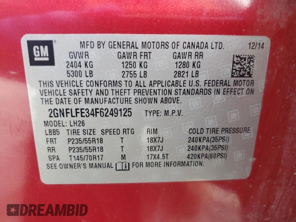 2015 Chevrolet Equinox LT with VIN 2GNFLFE34F6249125, listed as a Copart auction lot 43385245 with 184,979 mi miles and Salvage Title. Bid and sale history available at DreamBid. Image 16.