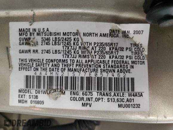 2007 Mitsubishi Endeavor LS with VIN 4A4MN21S77E057462, listed as a Copart auction lot 78395084 with 36,069 mi miles and Salvage Title. Bid and sale history available at carsss.com. Image 16.