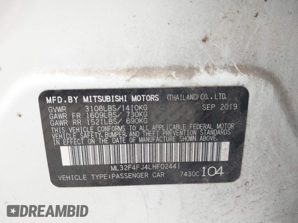 2020 Mitsubishi Mirage SE with VIN ML32F4FJ4LHF02441, listed as a IAAI auction lot 42046624 with 24,794 mi miles and . Bid and sale history available at DreamBid. Image 9.