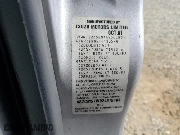 2002 Isuzu Rodeo with VIN 4S2CM57W024315499, listed as a Copart auction lot 75885194 with 183,425 mi miles and Salvage title. Bid and sale history available at DreamBid. Image 13.