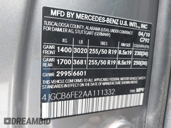 2010 Mercedes-Benz R 350 with VIN 4JGCB6FE2AA111332, listed as a IAAI auction lot 42043115 with 159,760 mi miles and . Bid and sale history available at DreamBid. Image 9.
