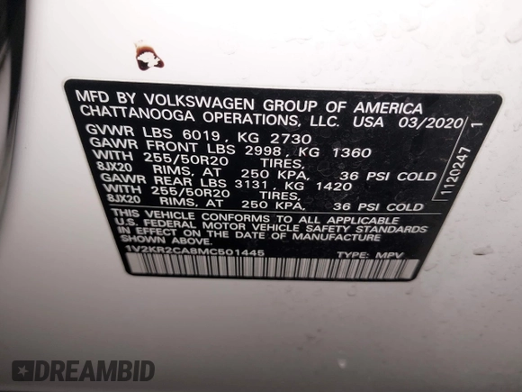 2021 Volkswagen Atlas 3.6L V6 SE w/Technology with VIN 1V2KR2CA8MC501445, listed as a IAAI auction lot 41798934 with 74,764 mi miles. Bid and sale history available at carsss.com. Image 9.