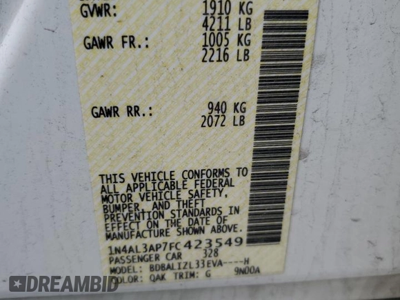 2015 Nissan Altima S with VIN 1N4AL3AP7FC423549, listed as a Copart auction lot 53992475 with 130,363 mi miles and Salvage Title. Bid and sale history available at DreamBid. Image 12.