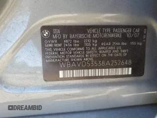 2008 BMW 3 Series 335xi with VIN WBAVD53538A252648, listed as a Copart auction lot 63469105 with 191,576 mi miles and Salvage title. Bid and sale history available at DreamBid. Image 12.
