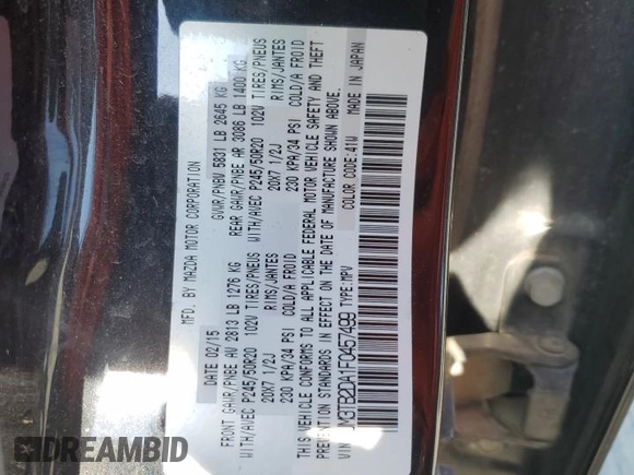 2015 Mazda CX-9 Grand Touring with VIN JM3TB2DA1F0457499, listed as a Copart auction lot 44647895 with 216,229 mi miles and Clean Title. Bid and sale history available at DreamBid. Image 14.