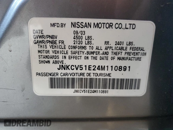 2004 Infiniti G35 w/Leather with VIN JNKCV51E24M110891, listed as a Copart auction lot 50265975 with 244,830 mi miles and Salvage Title. Bid and sale history available at DreamBid. Image 14.