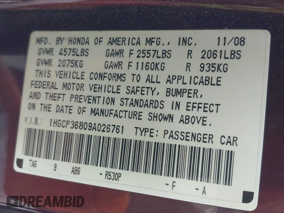 2009 Honda Accord EX-L with VIN 1HGCP36809A026761, listed as a IAAI auction lot 42163300 with 173,652 mi miles and . Bid and sale history available at DreamBid. Image 9.