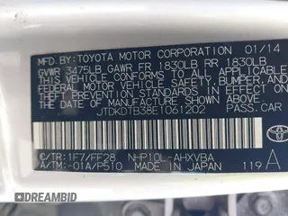 2014 Toyota Prius One with VIN JTDKDTB38E1061202, listed as a IAAI auction lot 42044747 with 133,409 mi miles and . Bid and sale history available at DreamBid. Image 9.
