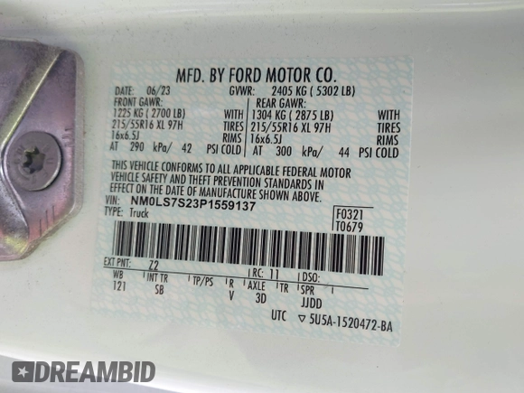2023 Ford Transit Connect XL with VIN NM0LS7S23P1559137, listed as a IAAI auction lot 41447953 with 44,601 mi miles and . Bid and sale history available at DreamBid. Image 9.