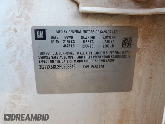 2015 Chevrolet Impala LS with VIN 2G11X5SL2F9263313, listed as a Copart auction lot 45961795 with 179,075 mi miles and Salvage Title. Bid and sale history available at DreamBid. Image 14.
