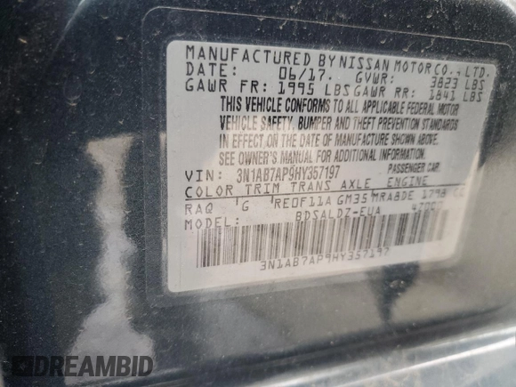 2017 Nissan Sentra SV z VIN 3N1AB7AP9HY357197, wystawiony jako Copart lot #58762495 z przebiegiem 68 998 mil mil oraz Szkoda całkowita • Salvage title. Historia ofert i sprzedaży dostępna na DreamBid. Obrazek 12.
