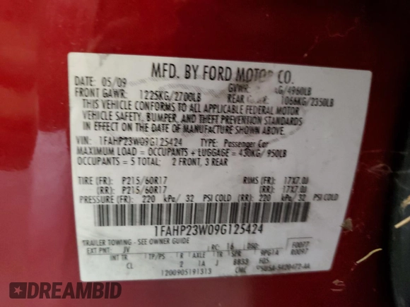 2009 Ford Taurus SE with VIN 1FAHP23W09G125424, listed as a Copart auction lot 65439654 with 138,441 mi miles and Salvage Title. Bid and sale history available at carsss.com. Image 12.
