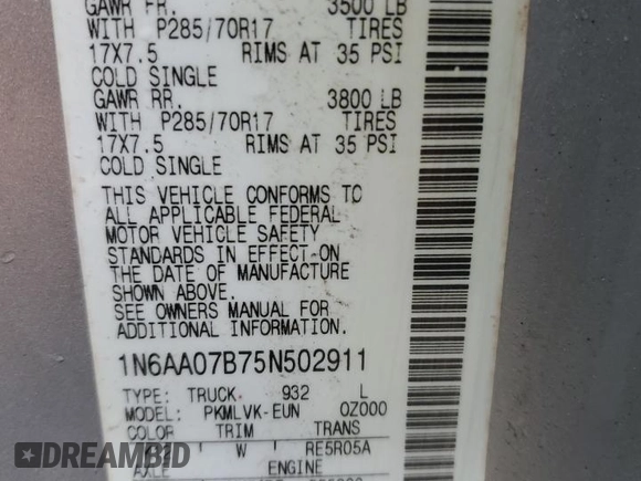 2005 Nissan Titan LE with VIN 1N6AA07B75N502911, listed as a Copart auction lot 47319305 with 208,218 mi miles and Clean Title. Bid and sale history available at carsss.com. Image 13.