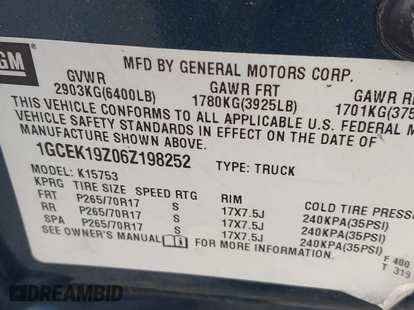 2006 Chevrolet Silverado 1500 LT3 with VIN 1GCEK19Z06Z198252, listed as a IAAI auction lot 42016369 with 317,834 mi miles and . Bid and sale history available at DreamBid. Image 9.