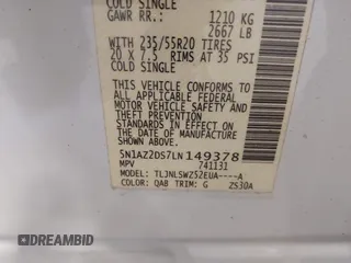 2020 Nissan Murano Platinum z VIN 5N1AZ2DS7LN149378, wystawiony jako IAAI lot #42348008 z przebiegiem 53 954 mil mil oraz . Historia ofert i sprzedaży dostępna na DreamBid. Obrazek 9.