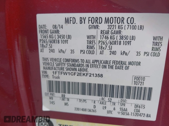 2014 Ford F-150 XL with VIN 1FTFW1CF2EKF21358, listed as a IAAI auction lot 41898227 with 76,572 mi miles. Bid and sale history available at carsss.com. Image 9.