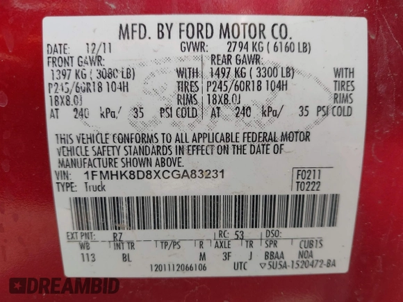2012 Ford Explorer XLT with VIN 1FMHK8D8XCGA83231, listed as a IAAI auction lot 41880664 with 187,784 mi miles and . Bid and sale history available at DreamBid. Image 9.