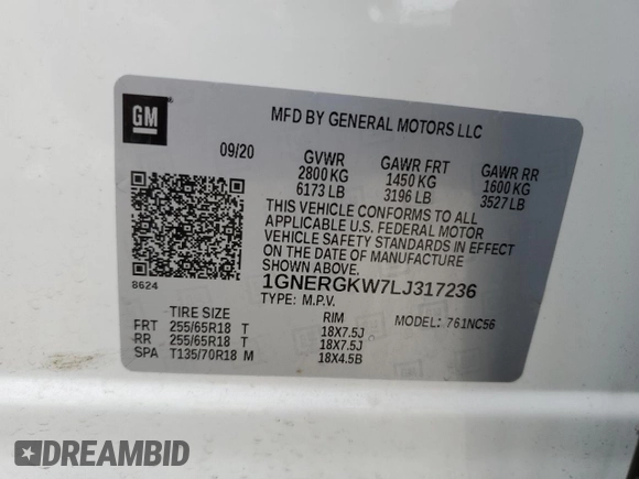 2020 Chevrolet Traverse LT Cloth z VIN 1GNERGKW7LJ317236, wystawiony jako Copart lot #58713465 z przebiegiem 79 070 mil mil oraz Szkoda całkowita • Salvage title. Historia ofert i sprzedaży dostępna na DreamBid. Obrazek 13.