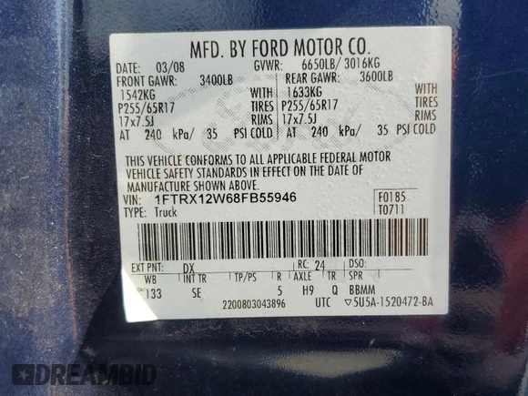 2008 Ford F-150 STX with VIN 1FTRX12W68FB55946, listed as a Copart auction lot 50405005 with 126,841 mi miles and Clean Title. Bid and sale history available at carsss.com. Image 12.