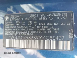 1999 BMW 3 Series с VIN WBACG8339XKC85437, выставлен на аукционе IAAI как лот 42288974 с пробегом 107 475 миль миль и . История ставок и продаж доступна на DreamBid. Изображение 9.