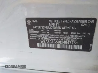 2013 BMW 3 Series 328i with VIN WBA3C1G59DNR47751, listed as a IAAI auction lot 39769891 with Not Provided miles and . Bid and sale history available at DreamBid. Image 9.