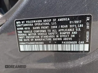 2017 Volkswagen Passat S with VIN 1VWAT7A39HC052893, listed as a IAAI auction lot 42415313 with 91,299 mi miles and . Bid and sale history available at DreamBid. Image 9.