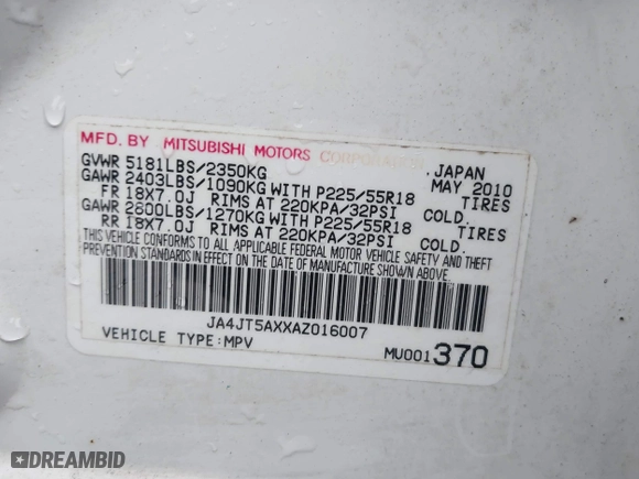 2010 Mitsubishi Outlander GT with VIN JA4JT5AXXAZ016007, listed as a IAAI auction lot 41595345 with 207,985 mi miles. Bid and sale history available at carsss.com. Image 9.