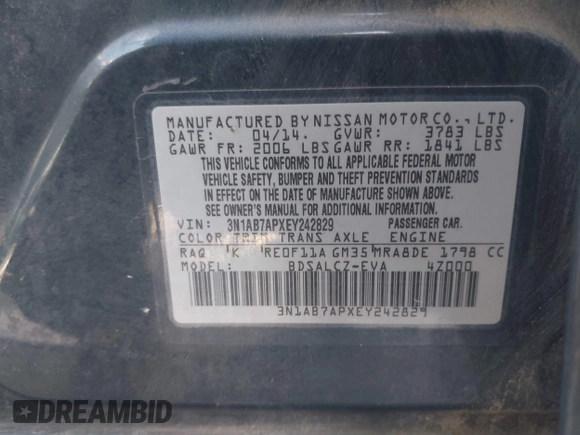 2014 Nissan Sentra S with VIN 3N1AB7APXEY242829, listed as a IAAI auction lot 42161249 with 164,001 mi miles and . Bid and sale history available at DreamBid. Image 9.