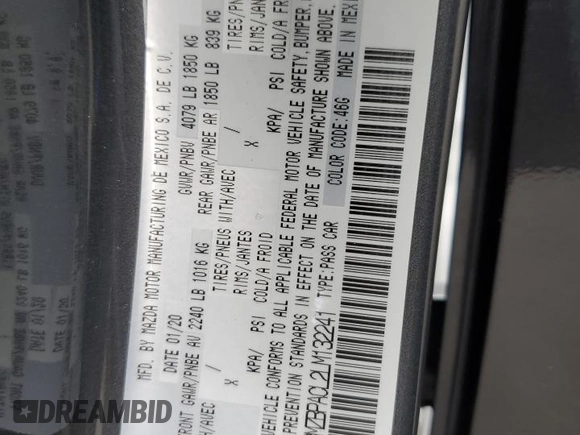 2020 Mazda 3 Select with VIN 3MZBPACL2LM132241, listed as a Copart auction lot 52240945 with 50,370 mi miles and Salvage Title. Bid and sale history available at carsss.com. Image 12.
