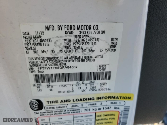 2013 Ford F-150 XLT with VIN 1FTFW1E65DFA84587, listed as a Copart auction lot 69295264 with 216,967 mi miles and Salvage Title. Bid and sale history available at carsss.com. Image 12.