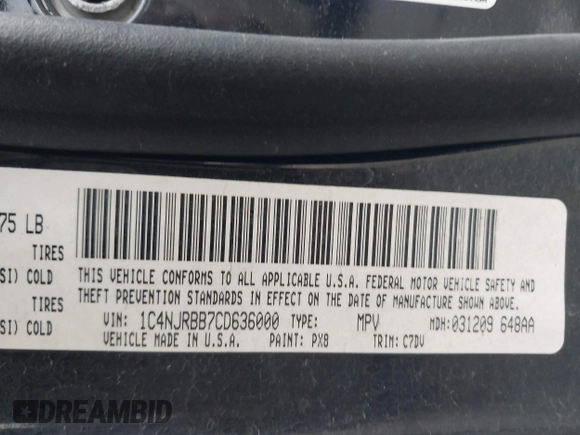 2012 Jeep Patriot Sport with VIN 1C4NJRBB7CD636000, listed as a IAAI auction lot 42106629 with 143,958 mi miles. Bid and sale history available at carsss.com. Image 9.