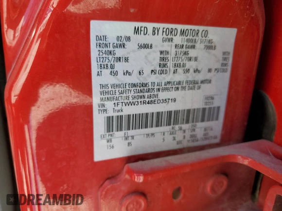 2008 Ford F-350 XL with VIN 1FTWW31R48ED35719, listed as a Copart auction lot 56418465 with 148,666 mi miles and Salvage title. Bid and sale history available at DreamBid. Image 12.