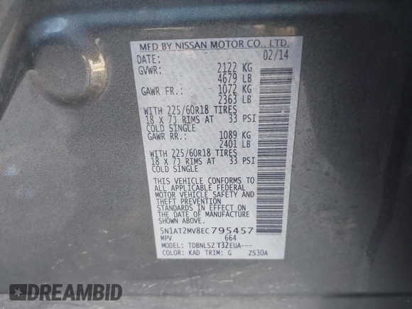 2014 Nissan Rogue S with VIN 5N1AT2MV8EC795457, listed as a IAAI auction lot 41614707 with 129,630 mi miles. Bid and sale history available at carsss.com. Image 9.