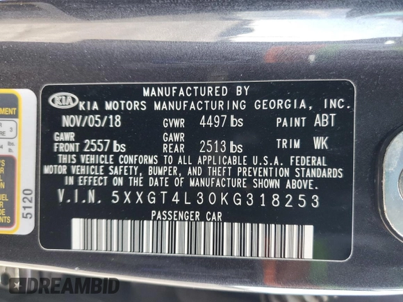 2019 Kia Optima LX with VIN 5XXGT4L30KG318253, listed as a Copart auction lot 47388045 with 50,506 mi miles and Salvage Title. Bid and sale history available at carsss.com. Image 14.