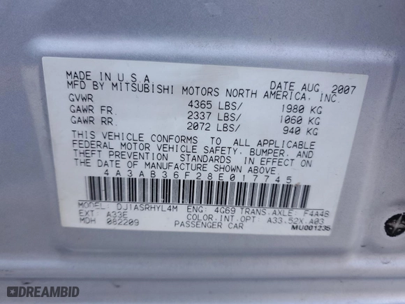 2008 Mitsubishi Galant ES with VIN 4A3AB36F28E017745, listed as a Copart auction lot 88553465 with 169,894 mi miles and Salvage Title. Bid and sale history available at carsss.com. Image 12.