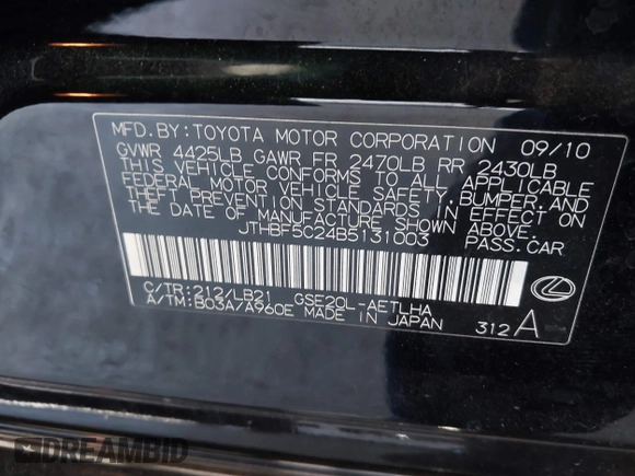 2011 Lexus IS 250 with VIN JTHBF5C24B5131003, listed as a IAAI auction lot 42650384 with 108,581 mi miles and . Bid and sale history available at DreamBid. Image 9.
