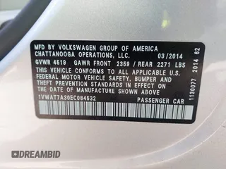 2014 Volkswagen Passat Wolfsburg Edition with VIN 1VWAT7A30EC084532, listed as a IAAI auction lot 42301251 with 81,963 mi miles and . Bid and sale history available at DreamBid. Image 9.