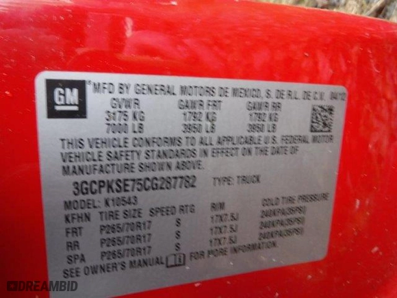 2012 Chevrolet Silverado 1500 LT with VIN 3GCPKSE75CG287782, listed as a Copart auction lot 76963324 with 0 mi miles and Non Repairable. Bid and sale history available at carsss.com. Image 12.